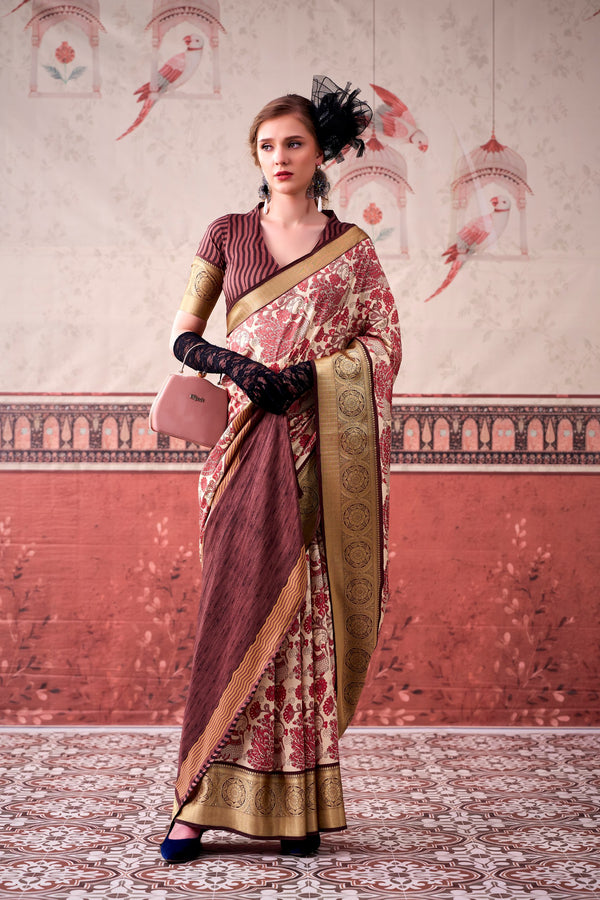 Tussar Silk Printed Saree With Viscose Border PNK