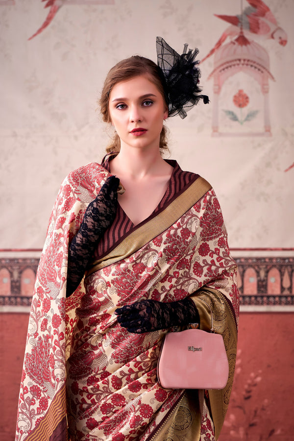 Tussar Silk Printed Saree With Viscose Border PNK