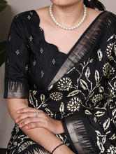 Slub Silk Floral Printed Saree BLK
