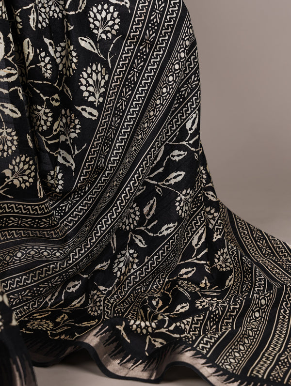 Slub Silk Floral Printed Saree BLK