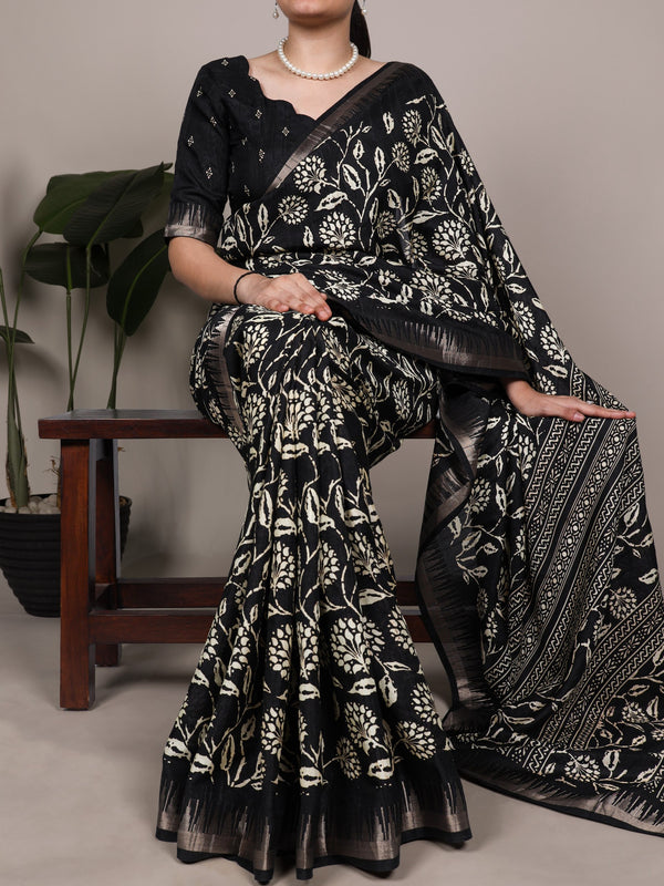 Slub Silk Floral Printed Saree BLK