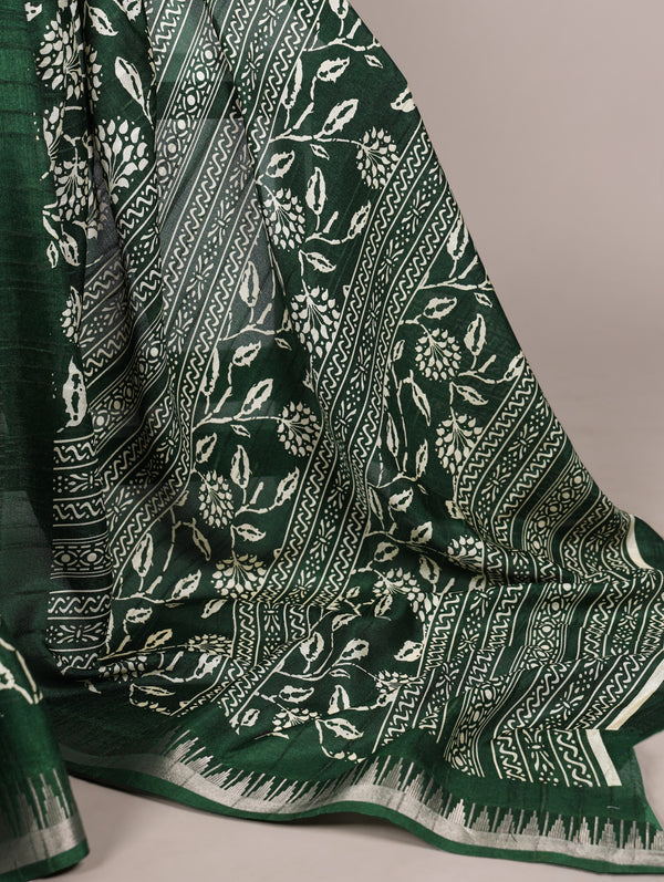Slub Silk Floral Printed Saree GRN
