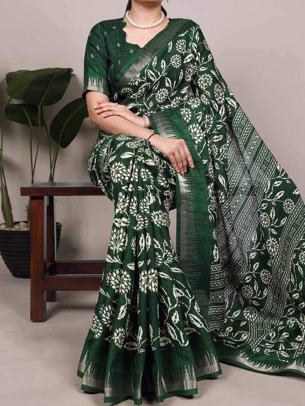 Slub Silk Floral Printed Saree GRN