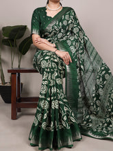 Slub Silk Floral Printed Saree GRN