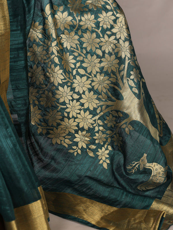 Raw Silk Zari Weaving Saree GRN