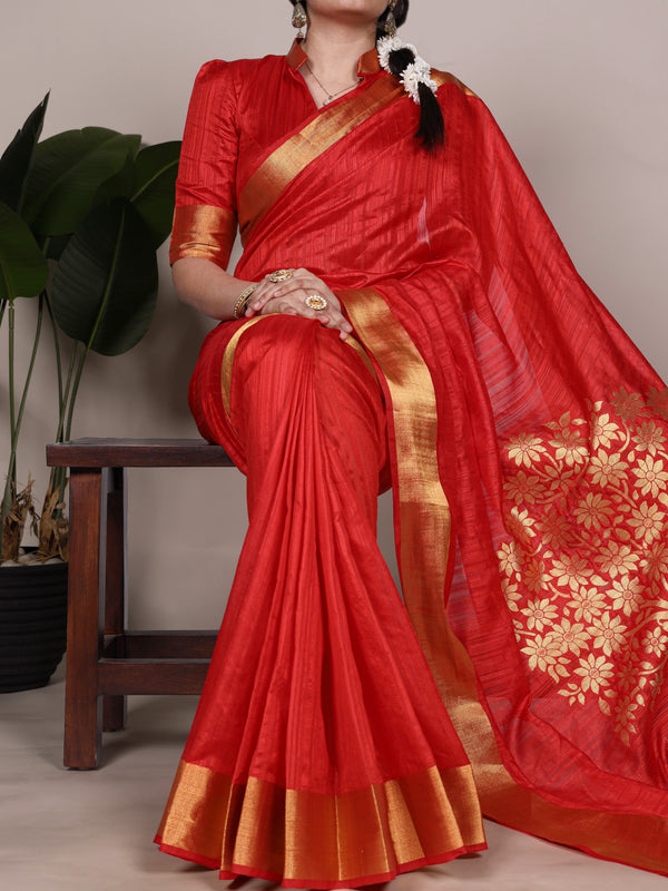 Raw Silk Zari Weaving Saree RED