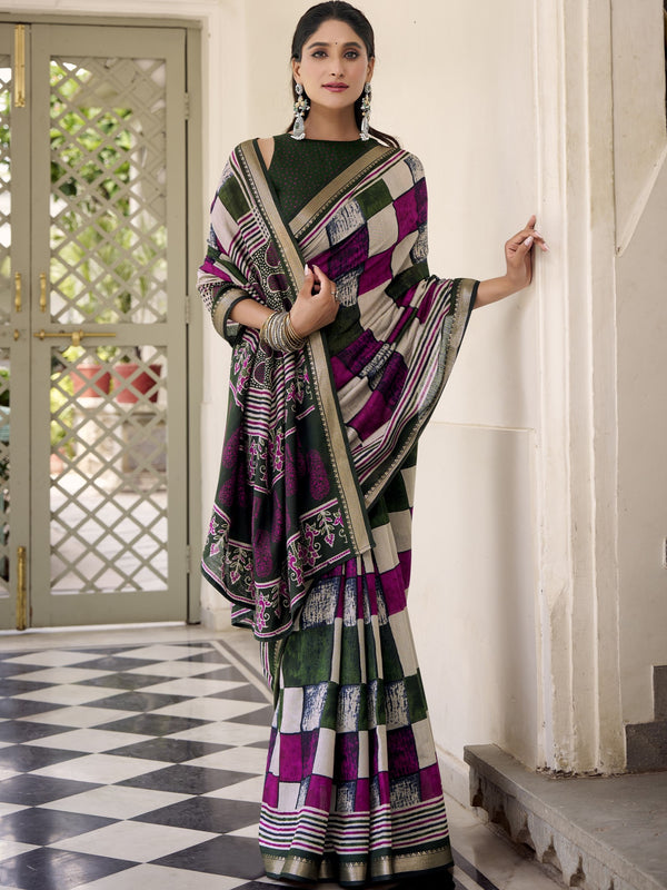 Viscose Chanderi Printed Saree GRN