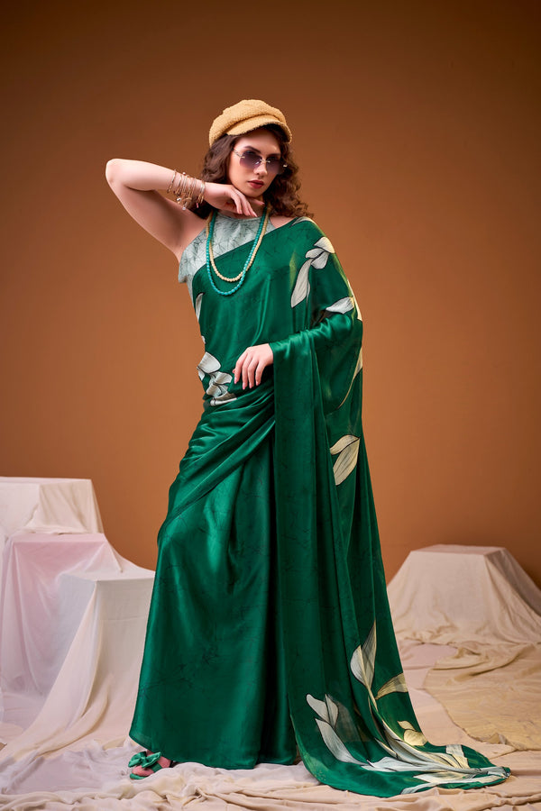 Satin Silk Floral Printed Saree GRN