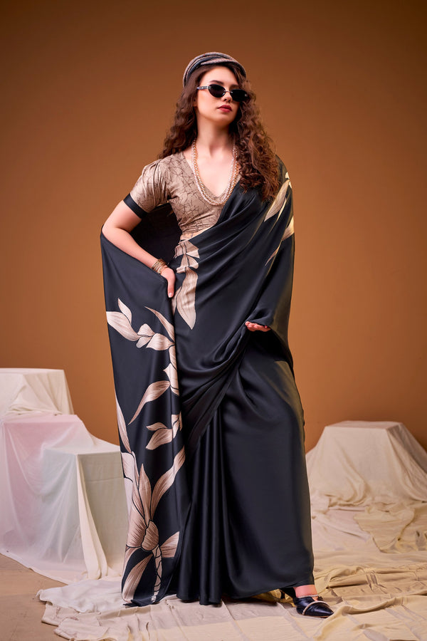 Satin Silk Floral Printed Saree BLK
