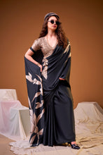 Satin Silk Floral Printed Saree BLK