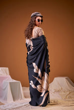 Satin Silk Floral Printed Saree BLK