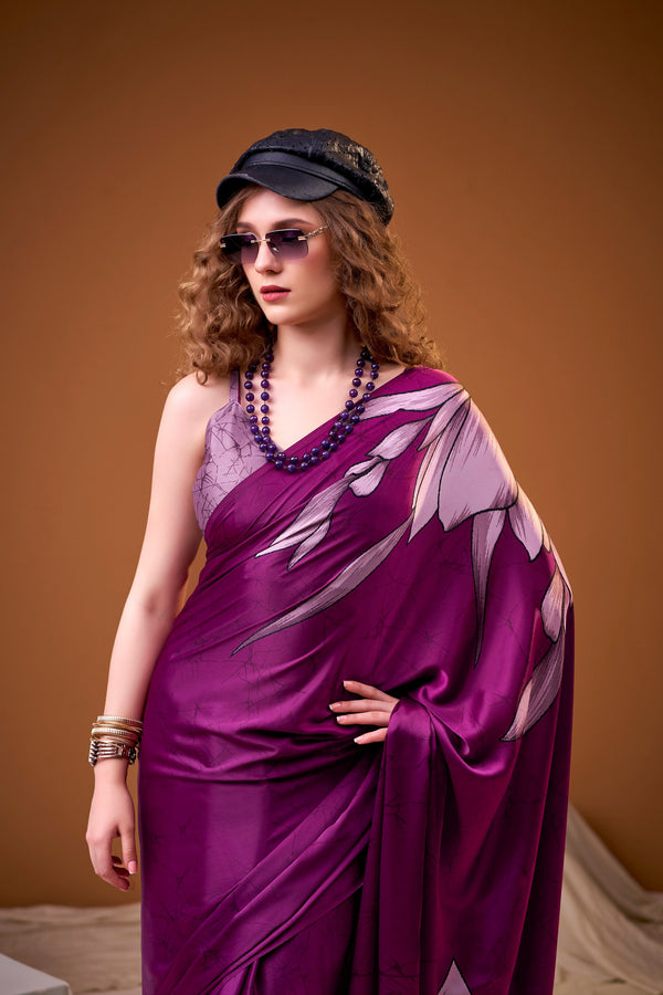Satin Silk Floral Printed Saree PNK