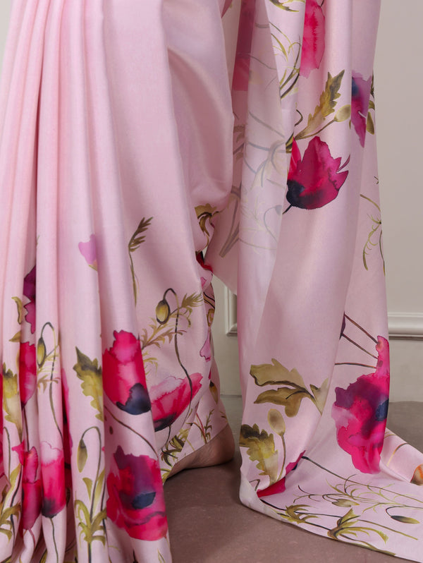 Satin Silk Printed Saree PNK