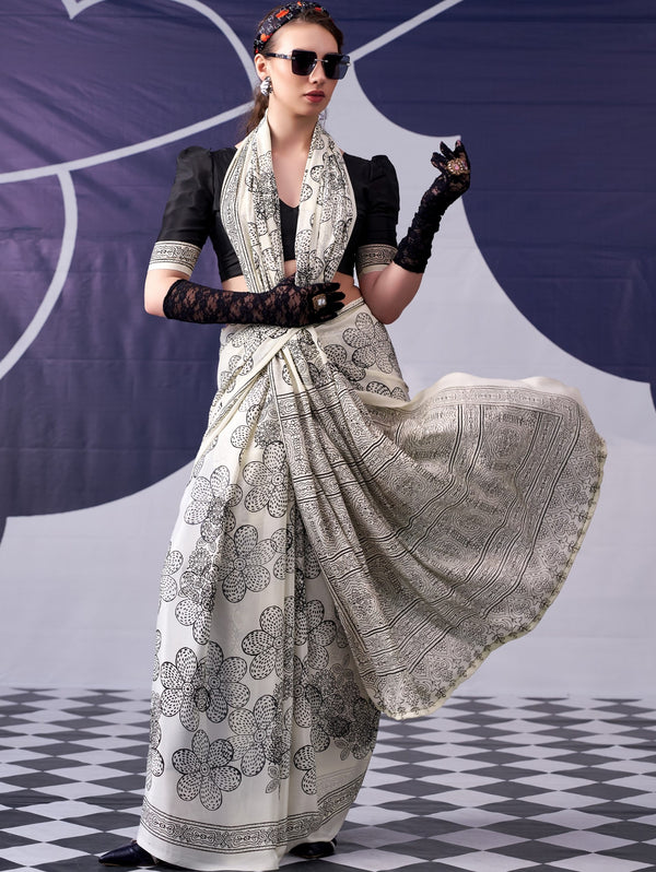 Satin Silk Floral Printed Saree BLK