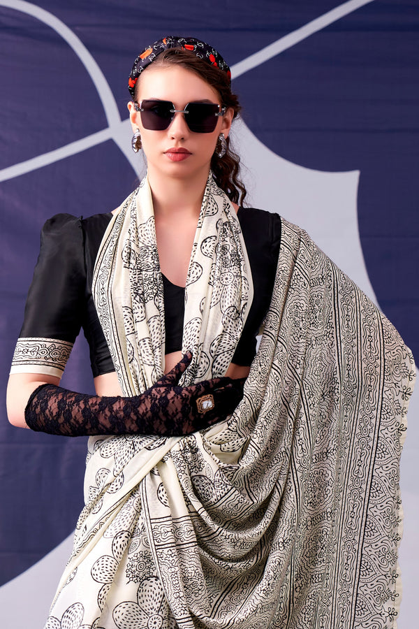 Satin Silk Floral Printed Saree BLK