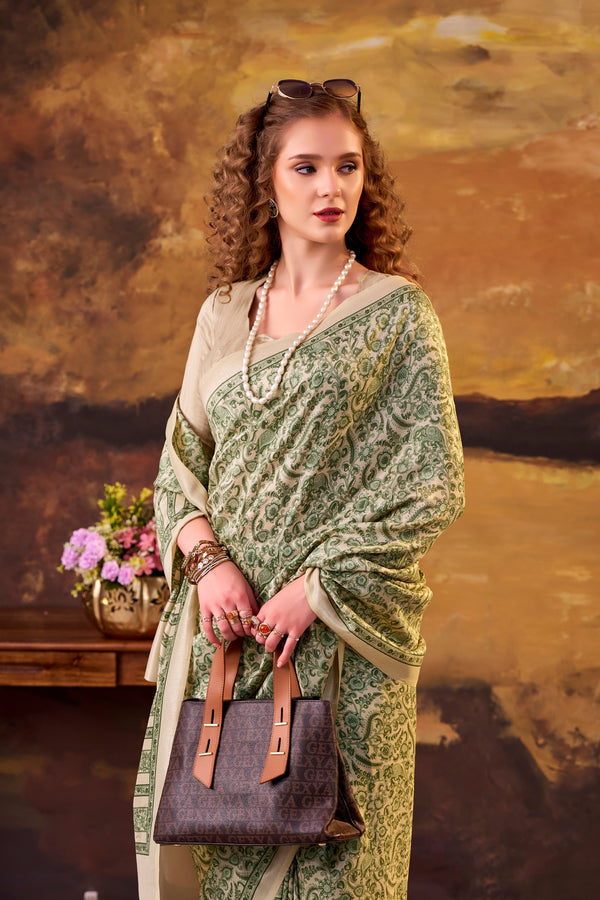 Tussar Silk Printed Saree GRN