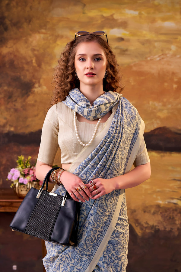 Tussar Silk Printed Saree BLU