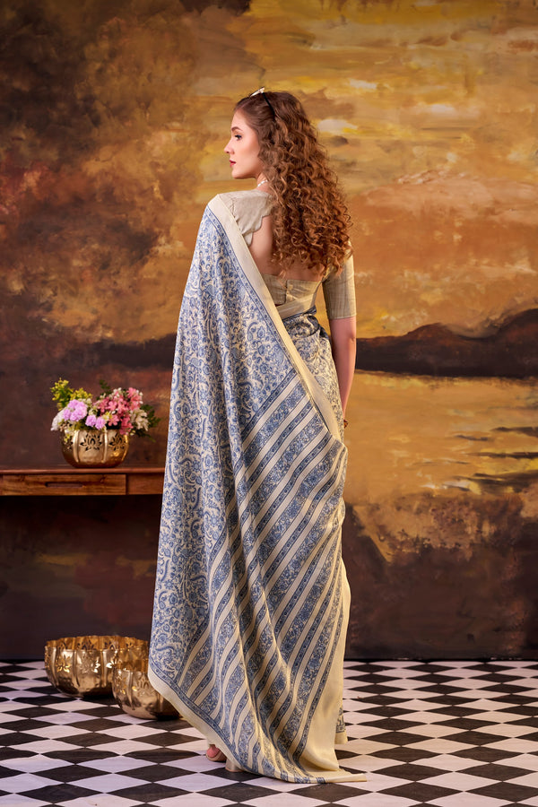 Tussar Silk Printed Saree BLU