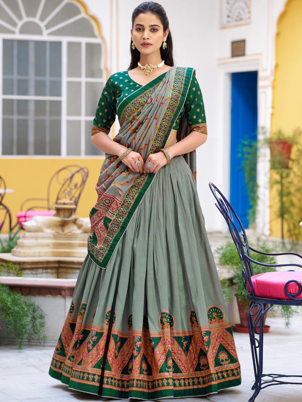 Tussar Silk Printed Lehenga With Dupatta  GRN