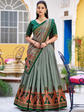 Tussar Silk Printed Lehenga With Dupatta  GRN