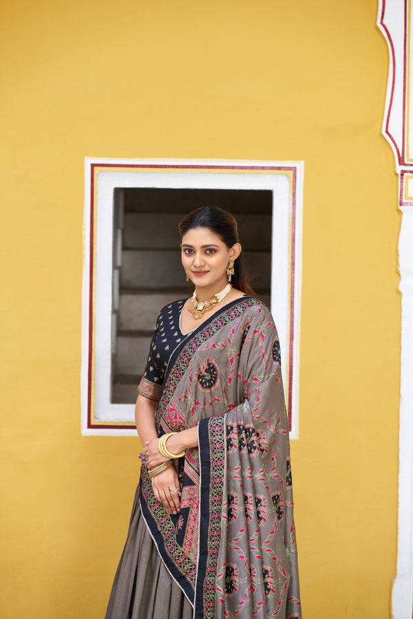 Tussar Silk Printed Lehenga With Dupatta  BLK