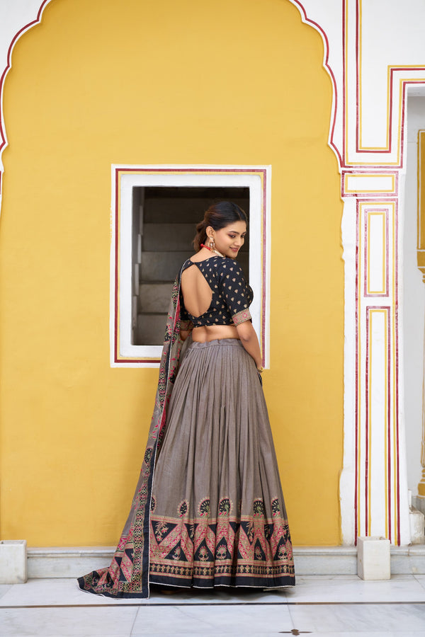 Tussar Silk Printed Lehenga With Dupatta  BLK