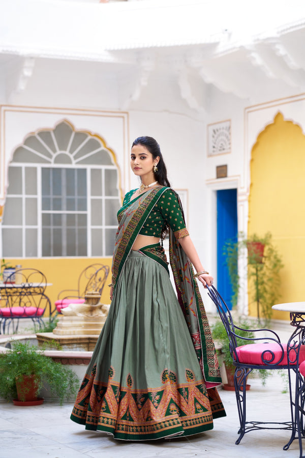Tussar Silk Printed Lehenga With Dupatta  GRN