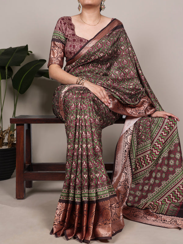 Tussar Silk Printed Saree PNK BRN