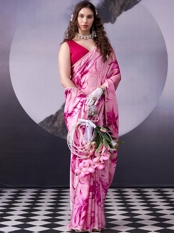 Satin Silk Floral Printed Saree PNK