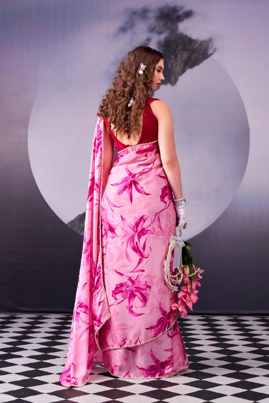 Satin Silk Floral Printed Saree PNK