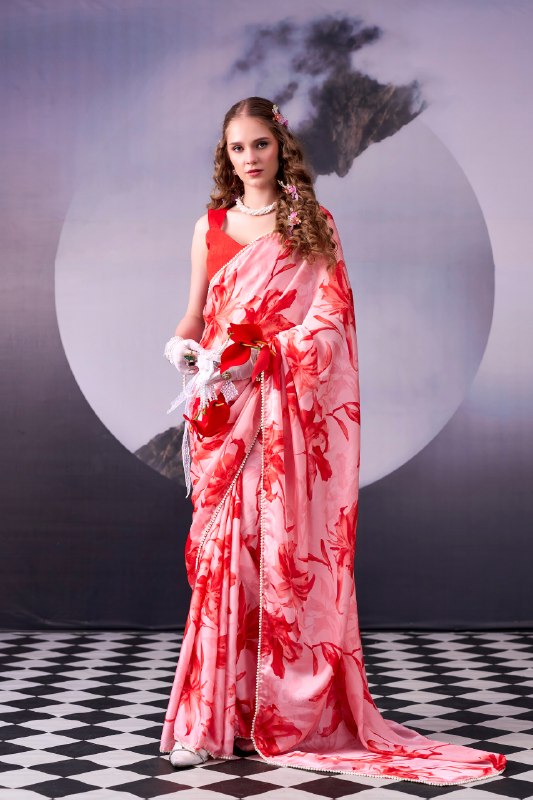 Satin Silk Floral Printed Saree RED