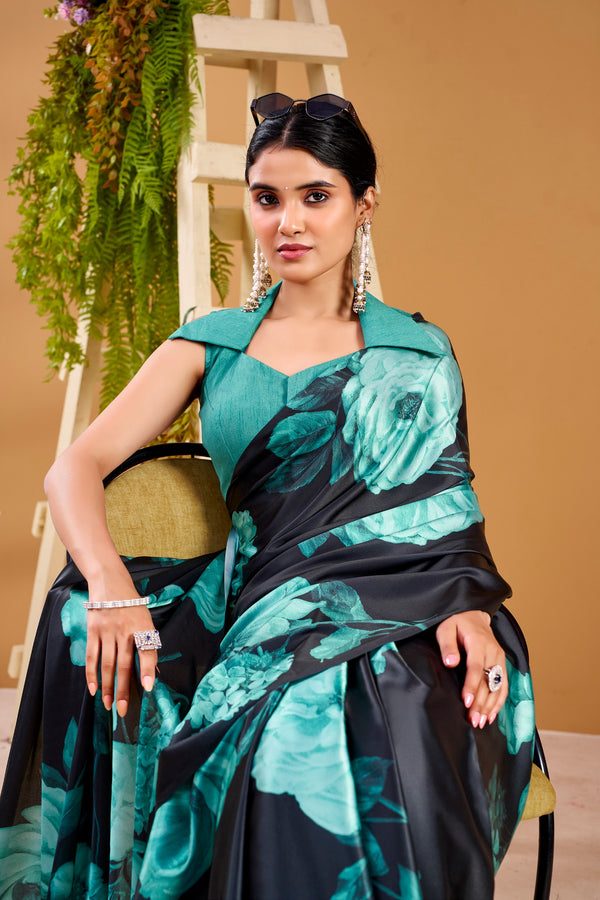Satin Silk Floral Printed Saree TEL