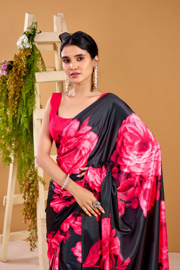 Satin Silk Floral Printed Saree PNK