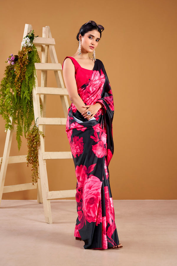 Satin Silk Floral Printed Saree PNK