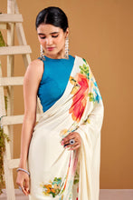 Satin Silk Floral Printed Saree WHT