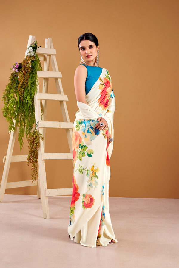Satin Silk Floral Printed Saree WHT