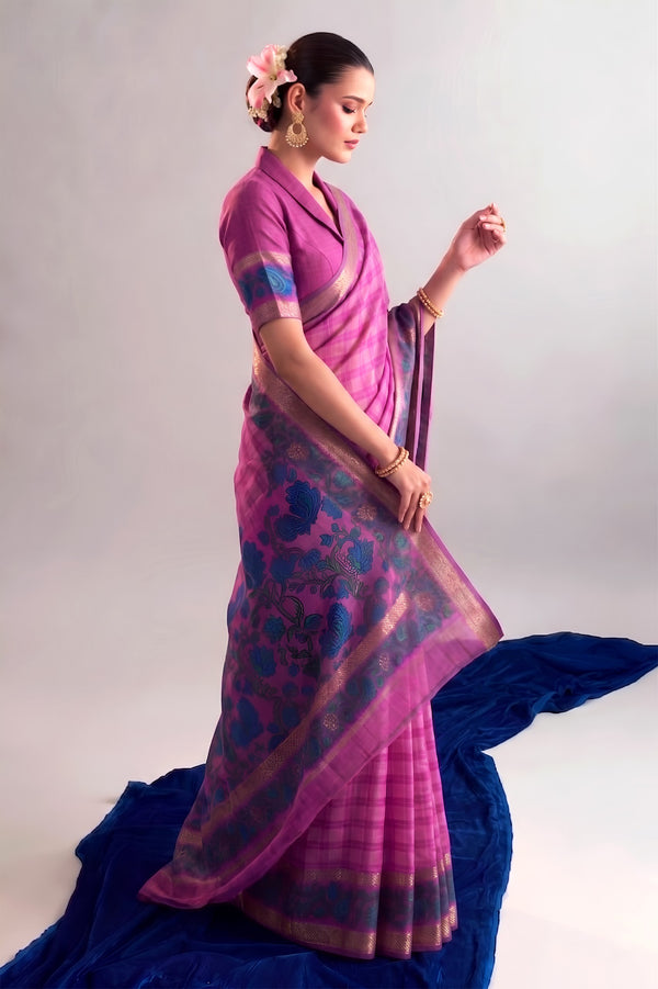 Chanderi Printed Zari Weaving Saree PNK
