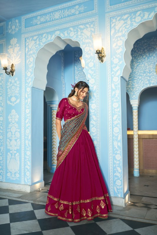 Vichitra Silk Thread Embroidered Lehenga With Dupatta  RPI