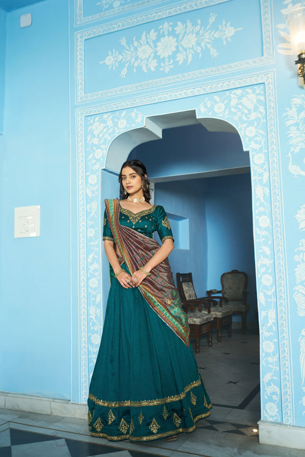 Vichitra Silk Thread Embroidered Lehenga With Dupatta  TEL