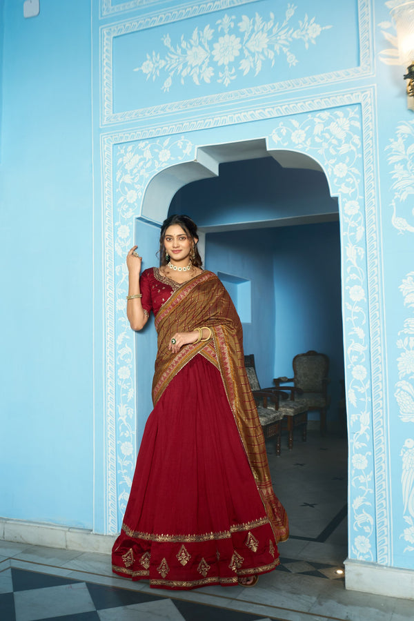 Vichitra Silk Thread Embroidered Lehenga With Dupatta  MRN