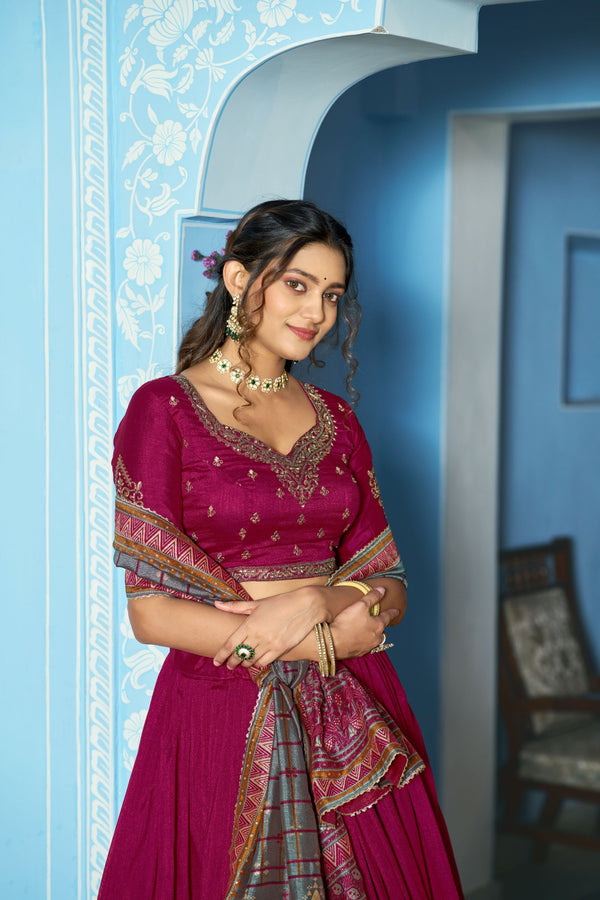 Vichitra Silk Thread Embroidered Lehenga With Dupatta  RPI