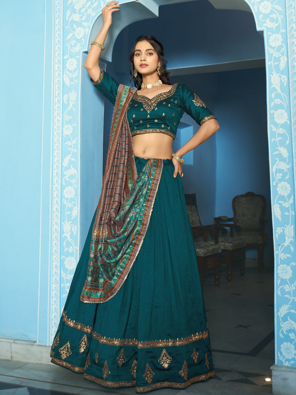 Vichitra Silk Thread Embroidered Lehenga With Dupatta  TEL