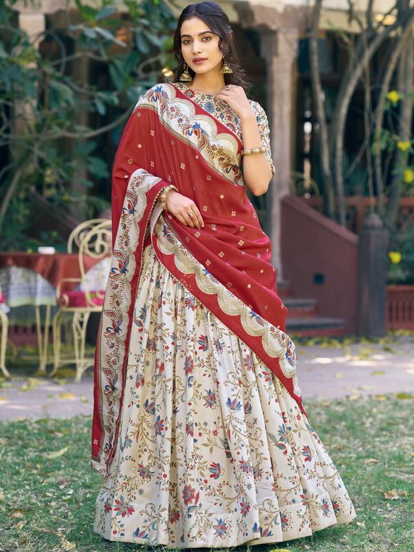 Tussar Silk Foil Printed Lehenga With Dupatta  OWT