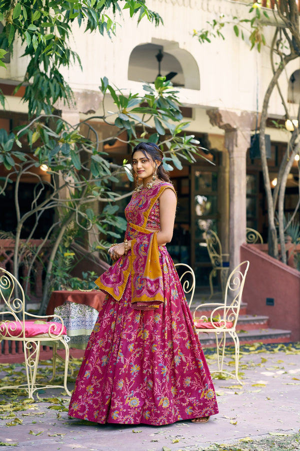 Tussar Silk Foil Printed Lehenga With Dupatta  PNK