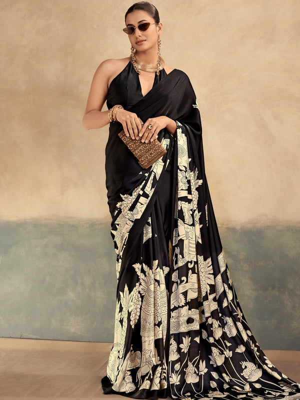Satin Silk Kalamkari Printed Saree BLK
