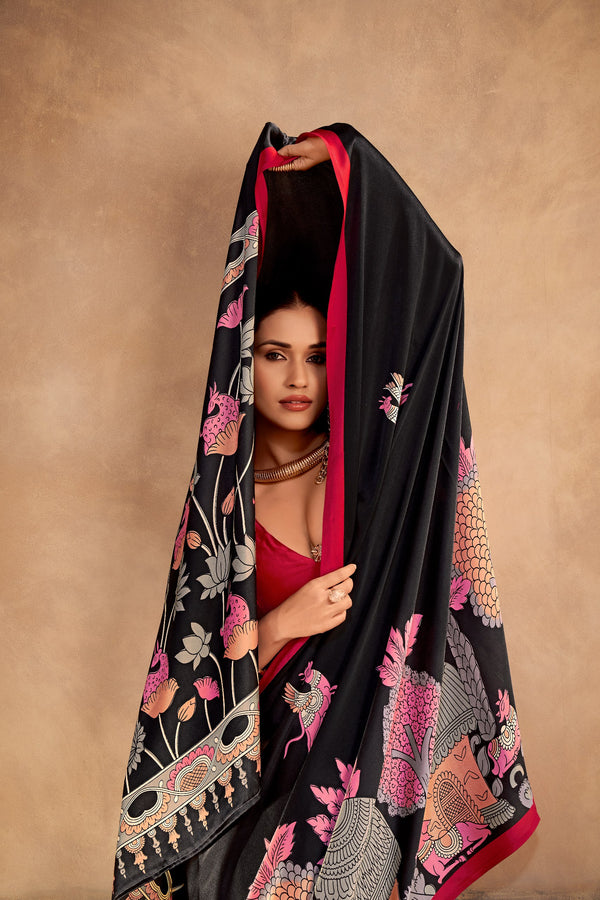 Satin Silk Kalamkari Printed Saree Red