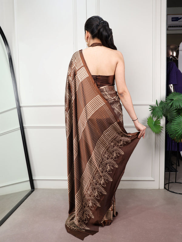 Satin Silk Printed Saree BRN