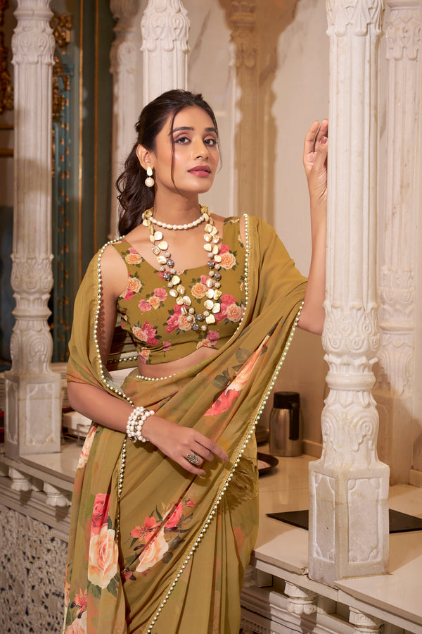 Georgette Printed Saree For Women BRN