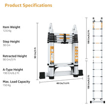 12.5 FT 2-IN-1 Aluminum Telescopic Ladder with 2 Triangle Support & Stabilizers (3.8m/6+6 Step)