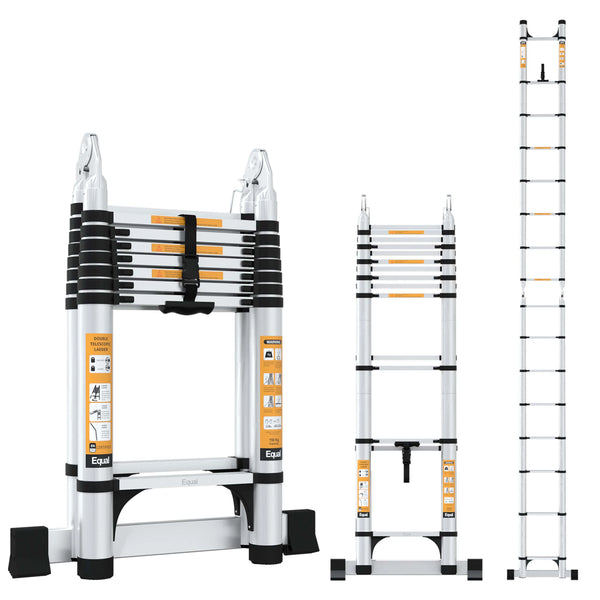 22 FT 2-IN-1 Aluminum Telescopic Ladder with 2 Triangle Support & Stabilizers (6.6m/8+8 Step)